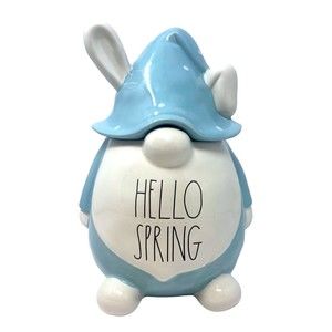 Rae Dunn New 2022! Blue Gnome HELLO SPRING Large Canister Cookie Jar Cottagecore